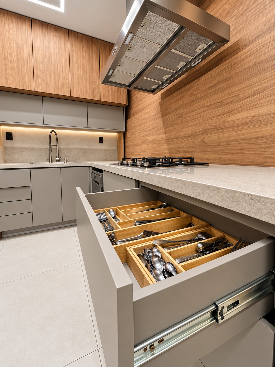 Cozinha em L com aéreos em madeira, inferiores em cinza fosco, coifa de inox e painel de madeira atrás do cooktop