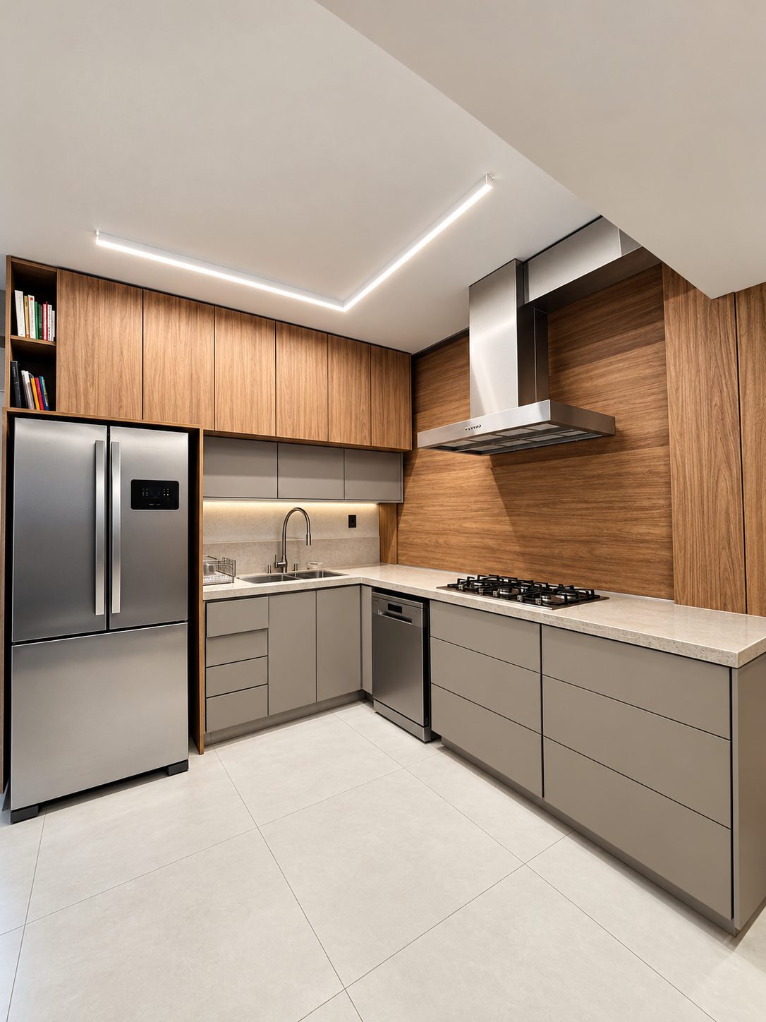 Gaveta aberta sob o cooktop, com organizador de talheres em madeira dividido em compartimentos